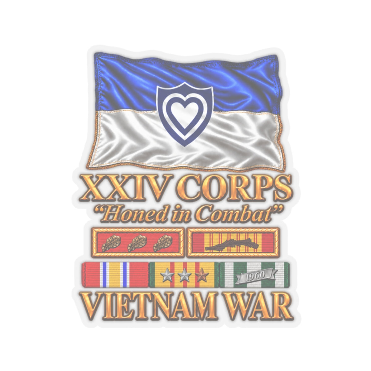 Kiss-Cut Stickers - Army - XXIV Corps Flag - Waving - Ribbons - Meritorious Awards - Vietnam War - 3D - Transparent