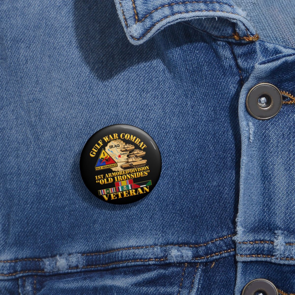 Custom Pin Buttons - Army - Gulf War Combat - 1st Armored Divi - Old Ironsides - Veteran - Map w GULF SVC - 3D - Enhanced