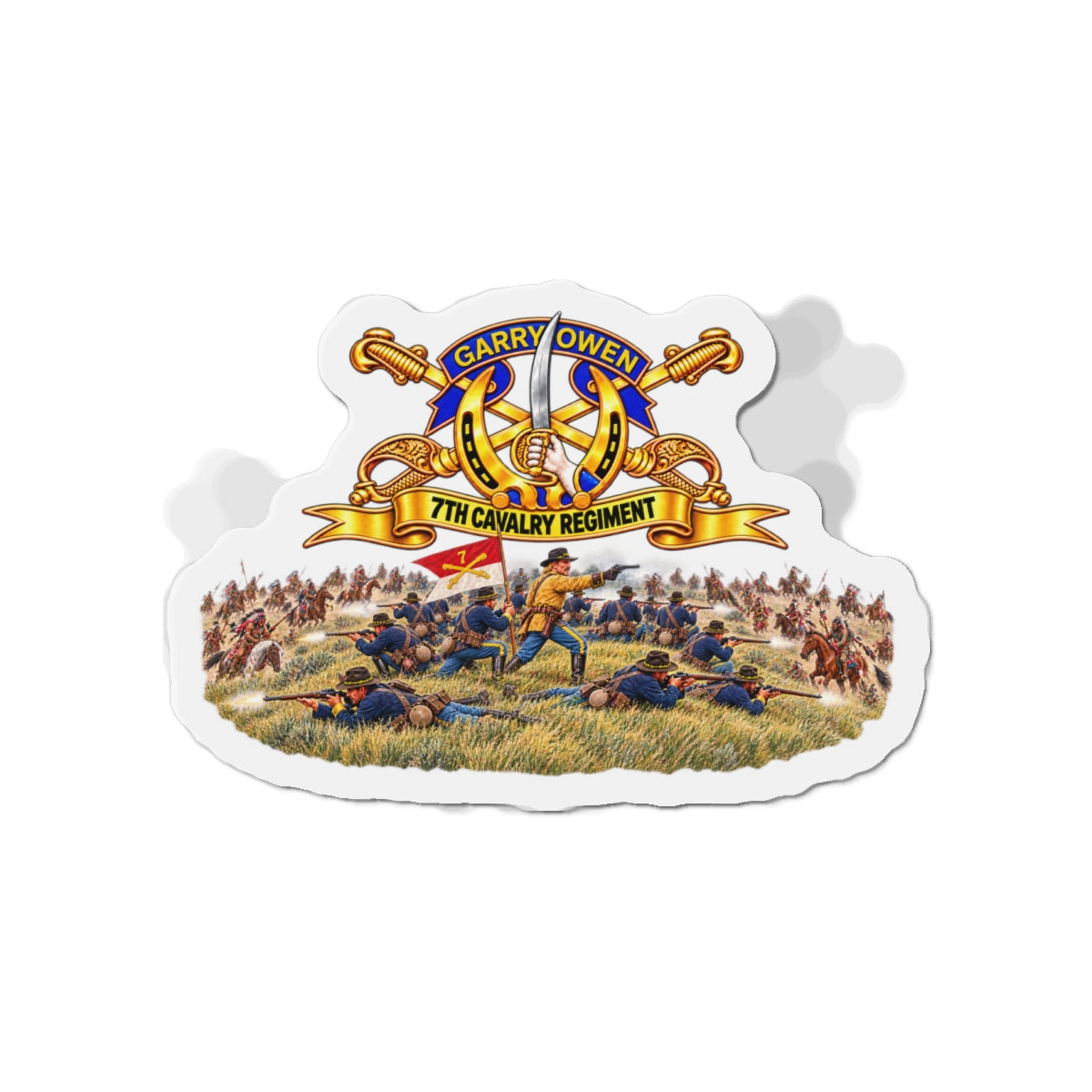 Die-Cut Magnets — 7th Cavalry Regiment - DUI, Br, Ribbon w  Battle of Little Big Horn Scene - 3D - Transparent