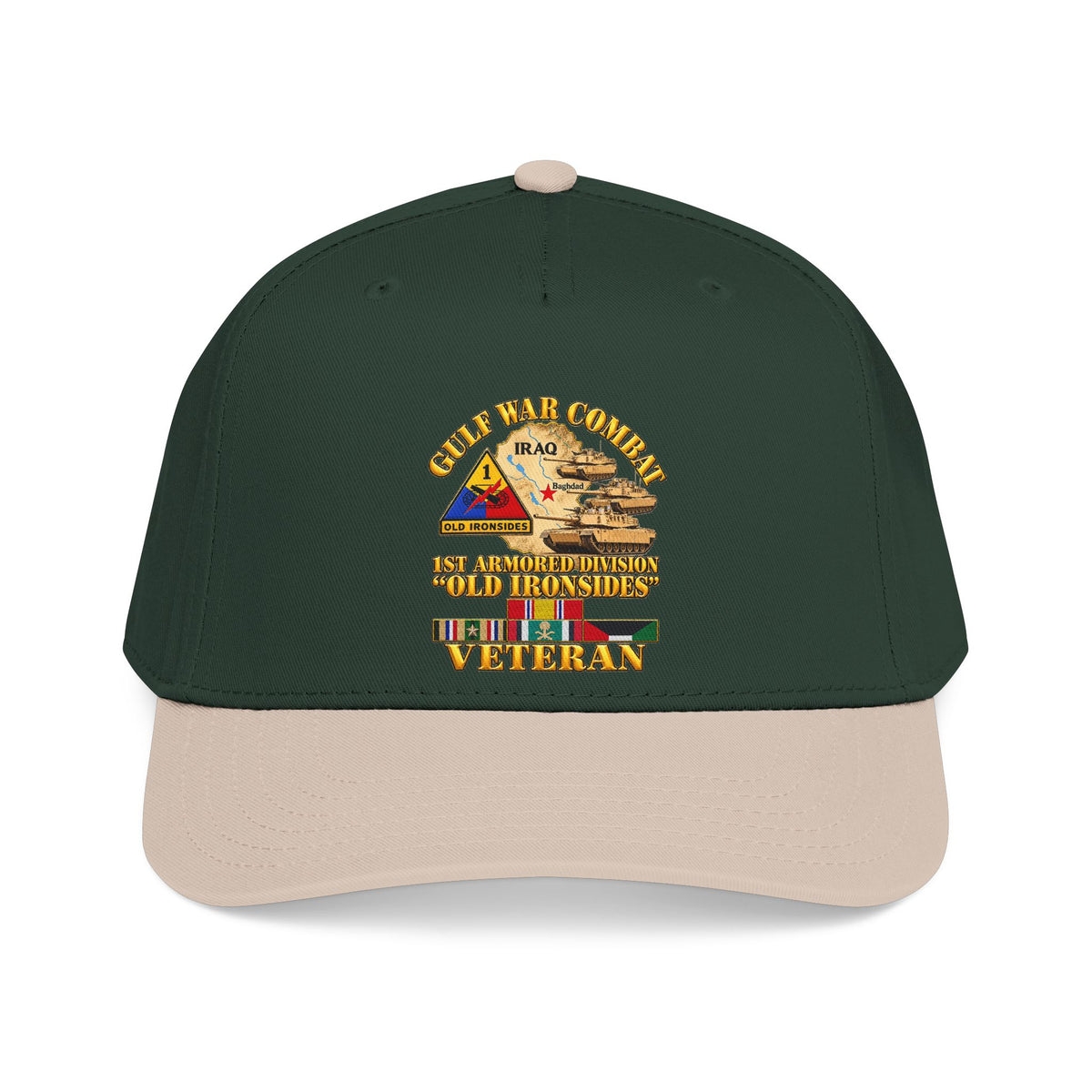 Mid Profile Baseball Cap - Army - Gulf War Combat - 1st Armored Divi - Old Ironsides - Veteran - Map w GULF SVC - 3D - Enhanced