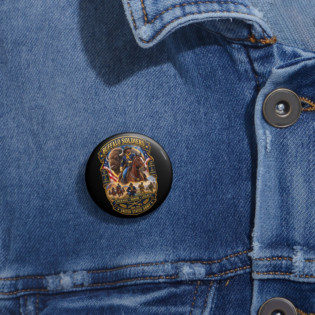 Custom Pin Buttons - Overall Buffalo Soldiers Tribute - 3D - Enhanced