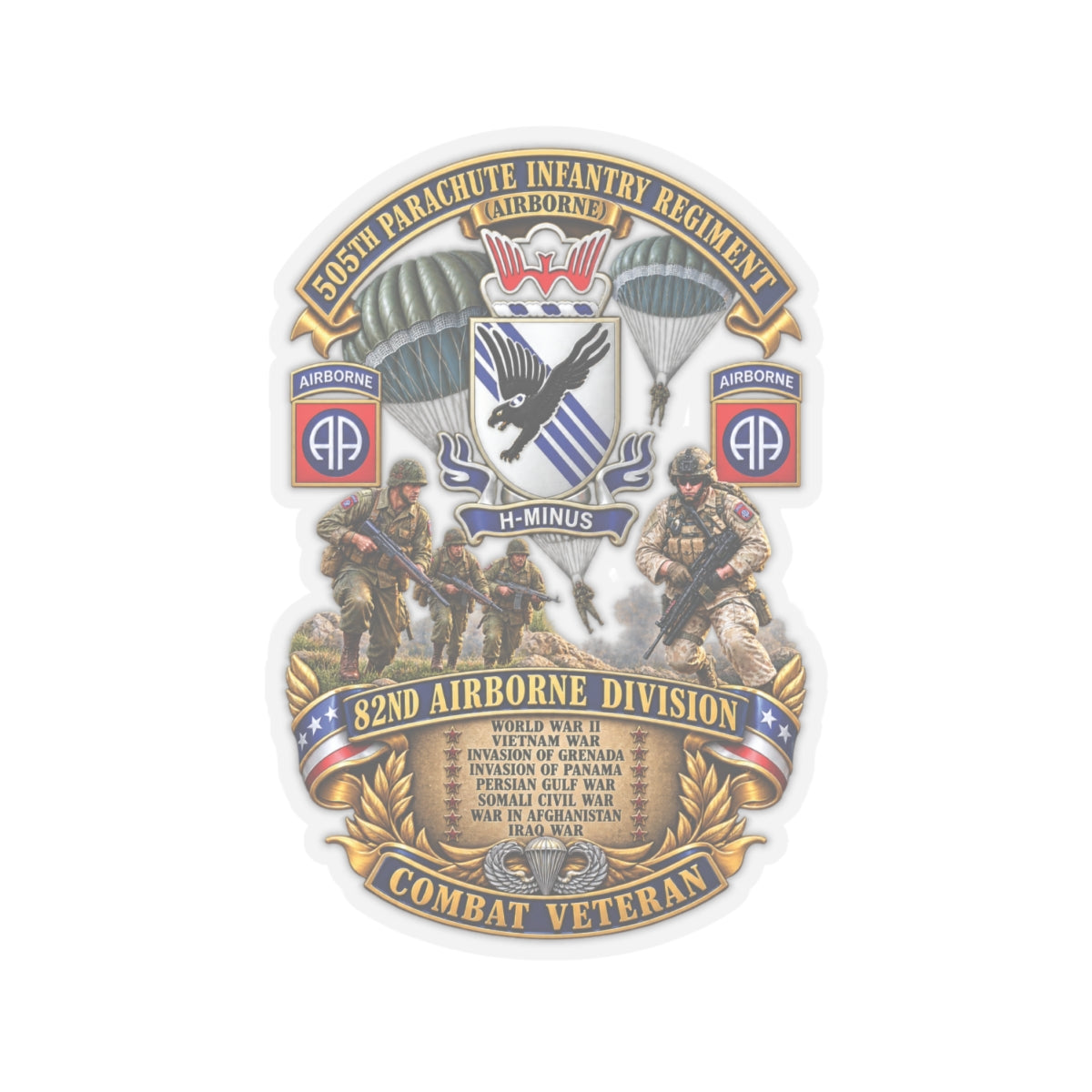 Kiss-Cut Stickers - Army - Combat Vet w 505th PIR - 82nd Airborne  w Campaigns - Soldiers - SSI - 3D - Enhanced