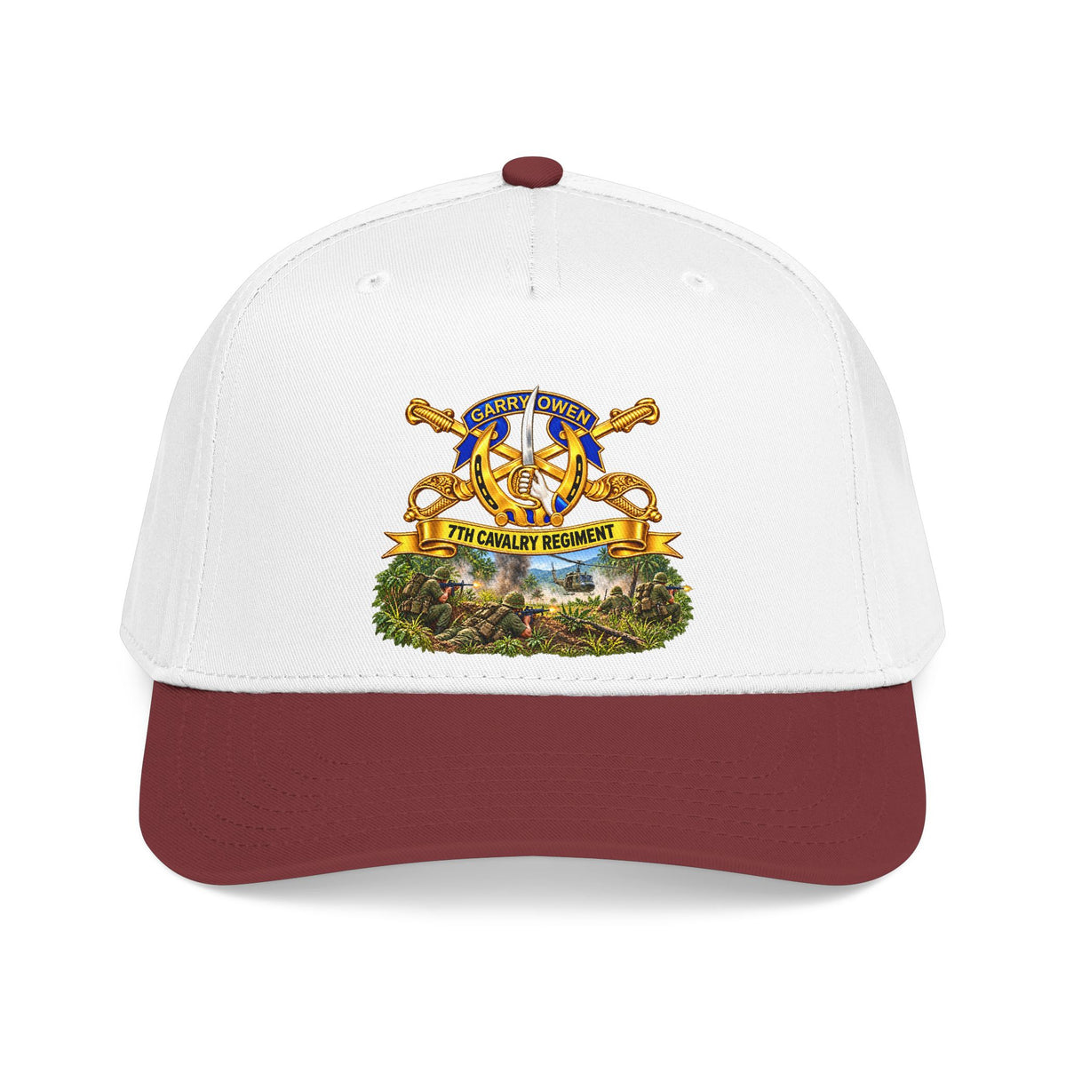 Mid Profile Baseball Cap — 7th Cavalry Regiment - DUI, Br, Ribbon w  Battle of Ia drang Valley Scene - Vietnam - 3D - Transparent