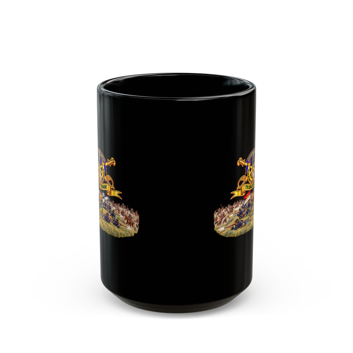 Black Mug  (15oz) - 7th Cavalry Regiment - DUI, Br, Ribbon w  Battle of Little Big Horn Scene - 3D - Transparent