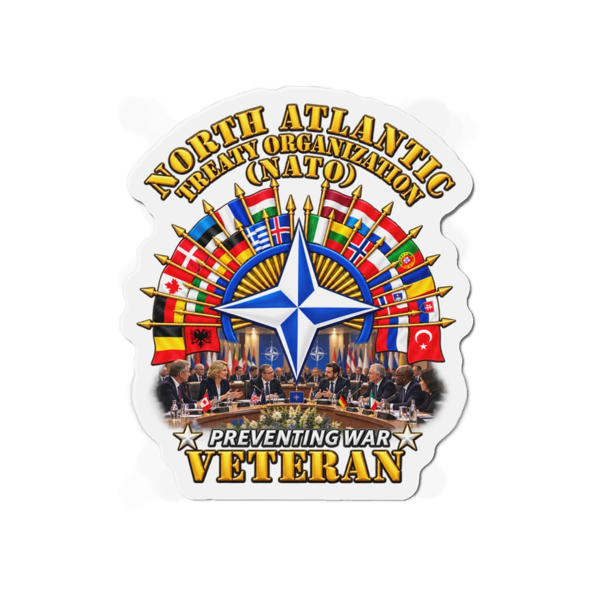 Die-Cut Magnets — NATO - Polished NATO Veteran - with flags - Meeting Scene - 3D - Transparent