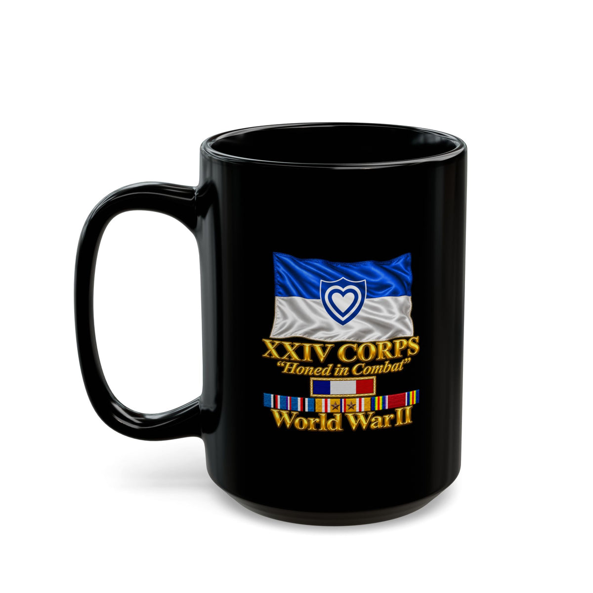 Black Mug  (15oz) - Army - XXIV Corps Flag - Waving - Ribbons - World War II - 3D - Transparent