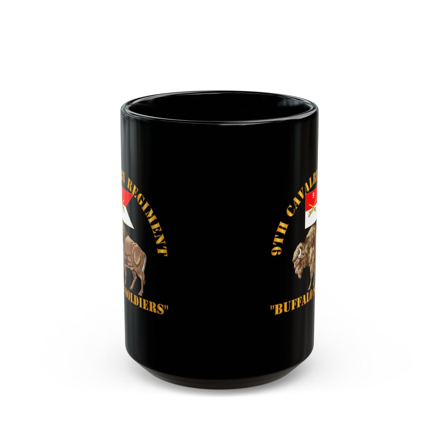 Black Mug 15oz - Army - 9th Cavalry Regiment - Buffalo Soldiers w 9th Cav Guidon