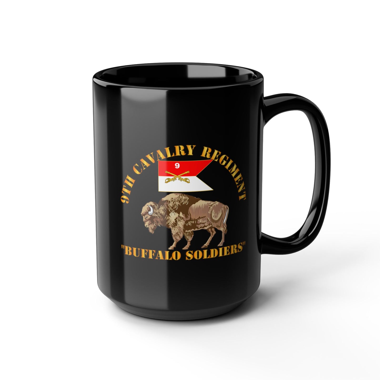 Black Mug 15oz - Army - 9th Cavalry Regiment - Buffalo Soldiers w 9th Cav Guidon