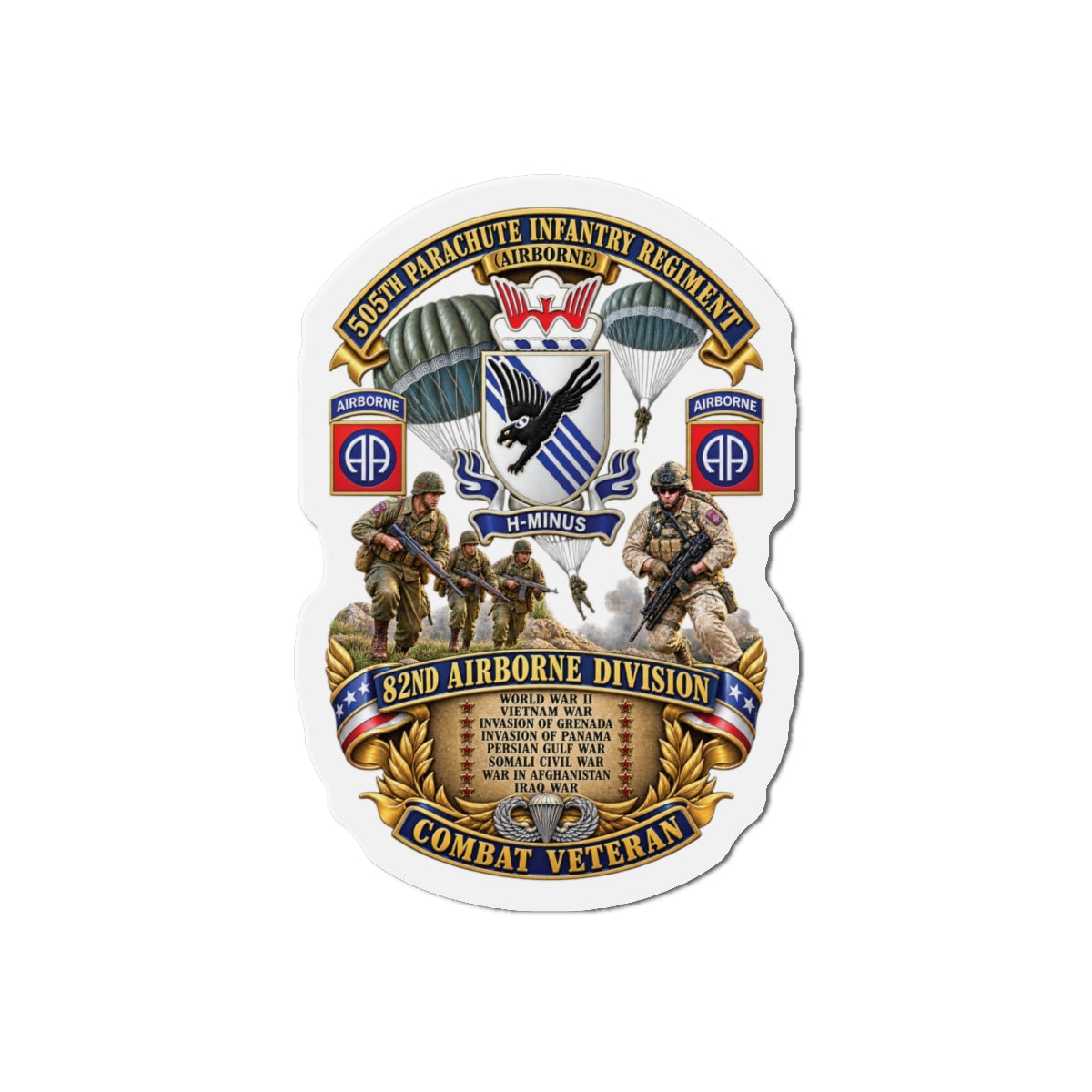 Die-Cut Magnets — Army - Combat Vet w 505th PIR - 82nd Airborne  w Campaigns - Soldiers - SSI - 3D - Enhanced