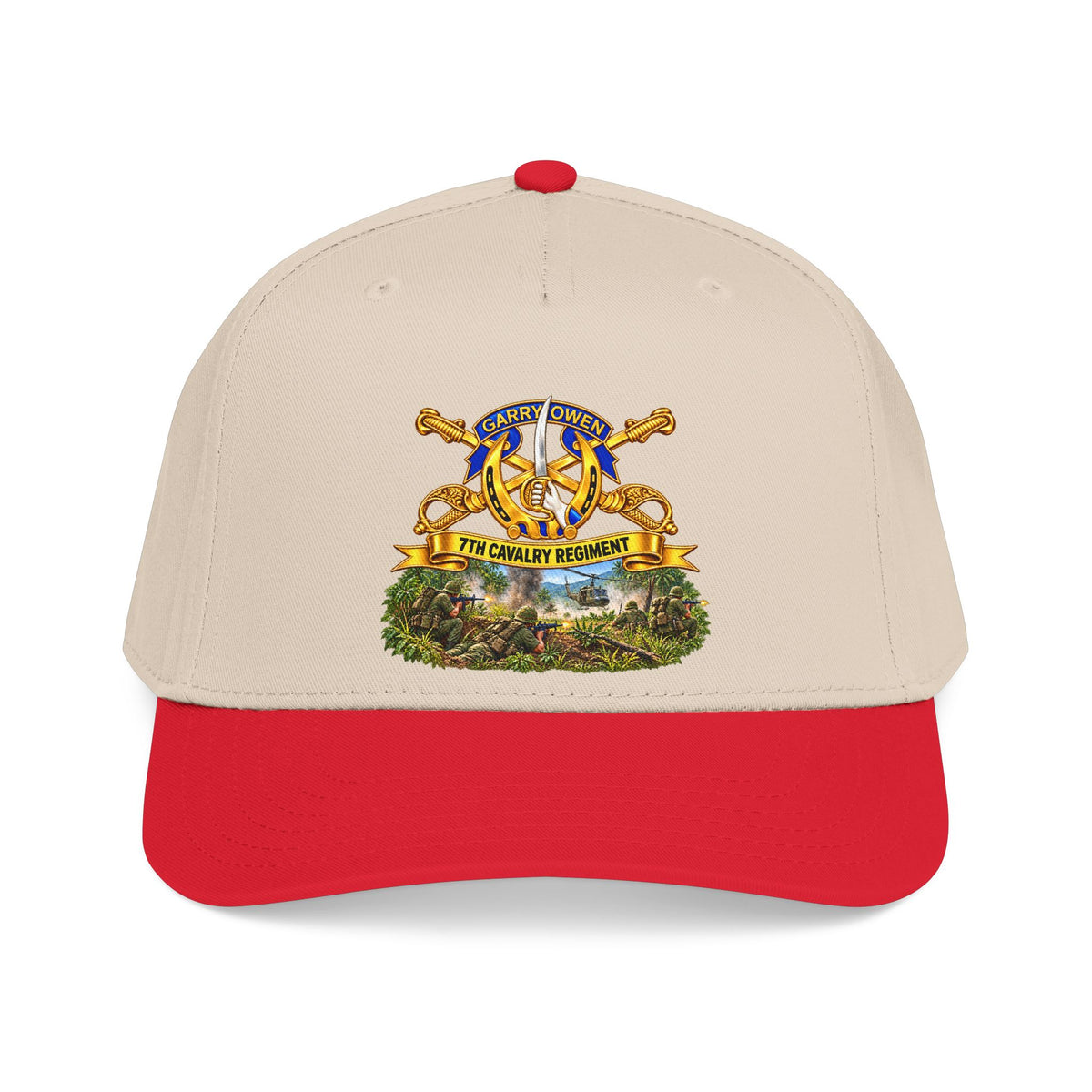 Mid Profile Baseball Cap — 7th Cavalry Regiment - DUI, Br, Ribbon w  Battle of Ia drang Valley Scene - Vietnam - 3D - Transparent