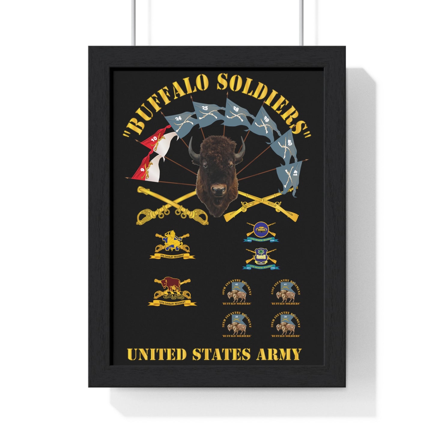 Vertical Framed Poster - Buffalo Soldiers Infantry Cavalry Guidons with Buffalo Head and Unit Crests US Army