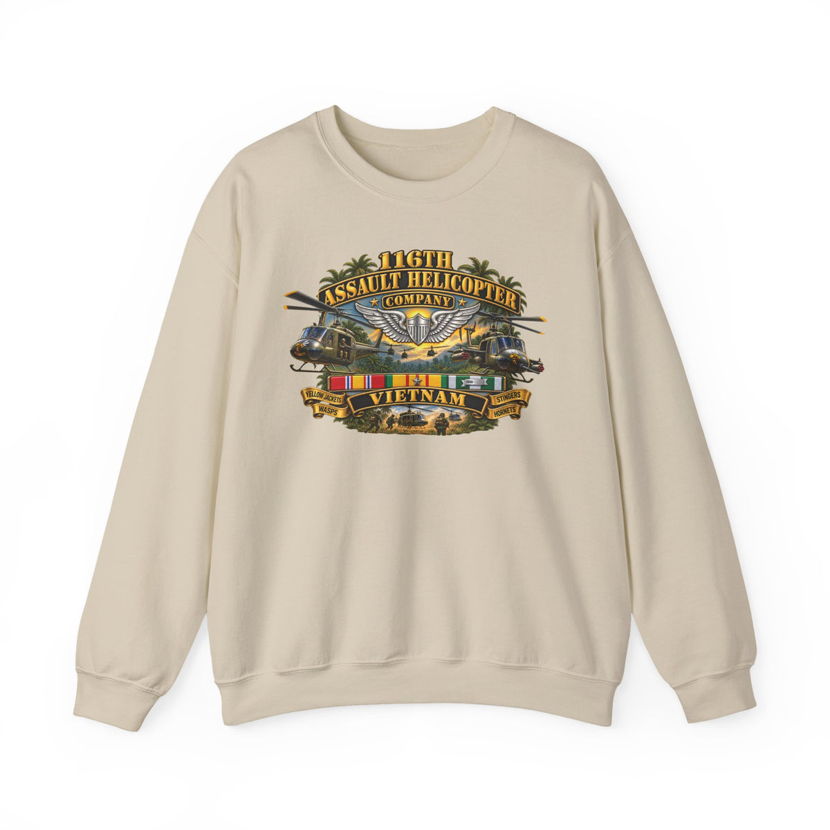 Crewneck Sweatshirt - Army - 116th Assault Helicopter Co w  Aviator Badge w VN SVC - HORNETS - 3D - Enhanced