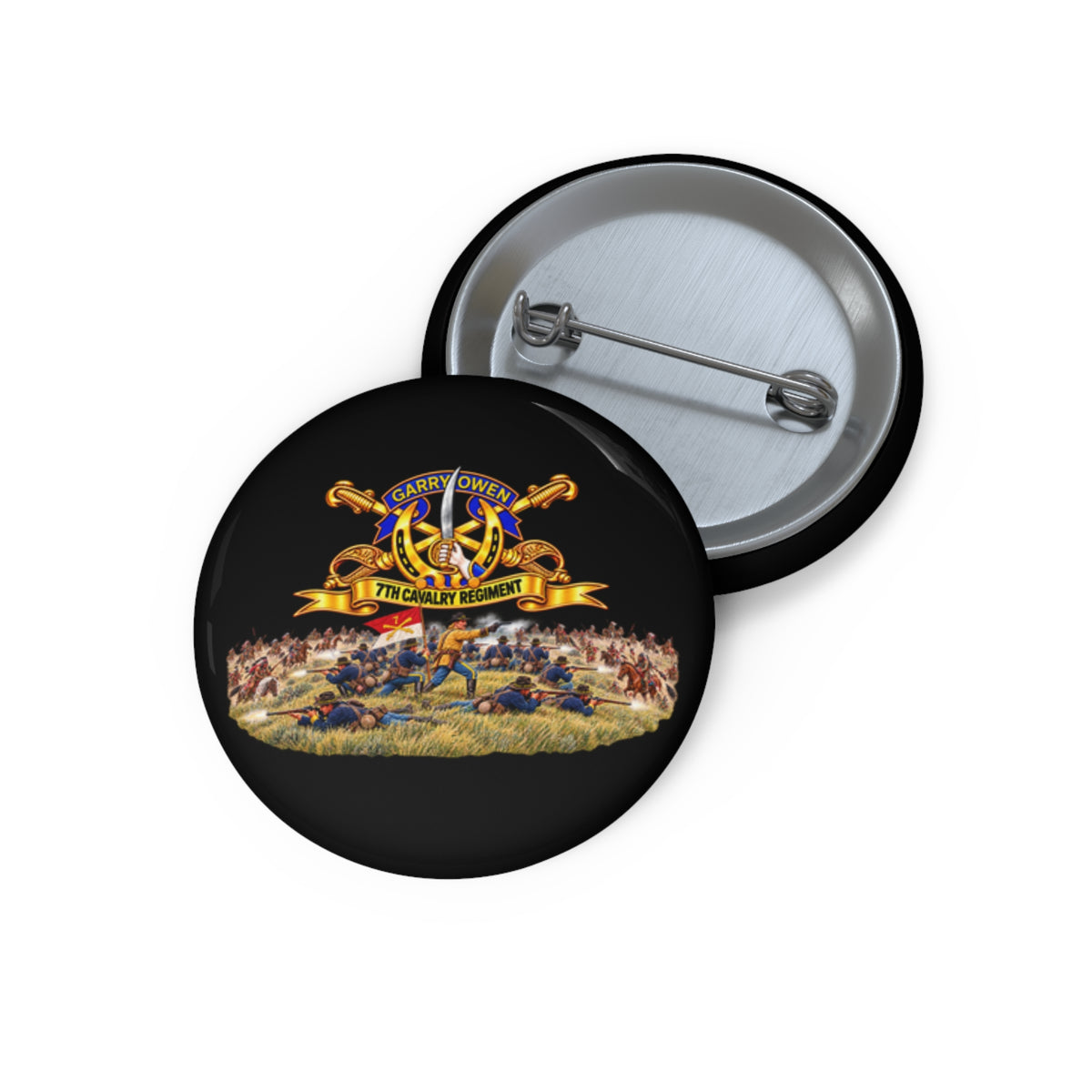 Custom Pin Buttons - 7th Cavalry Regiment - DUI, Br, Ribbon w  Battle of Little Big Horn Scene - 3D - Transparent