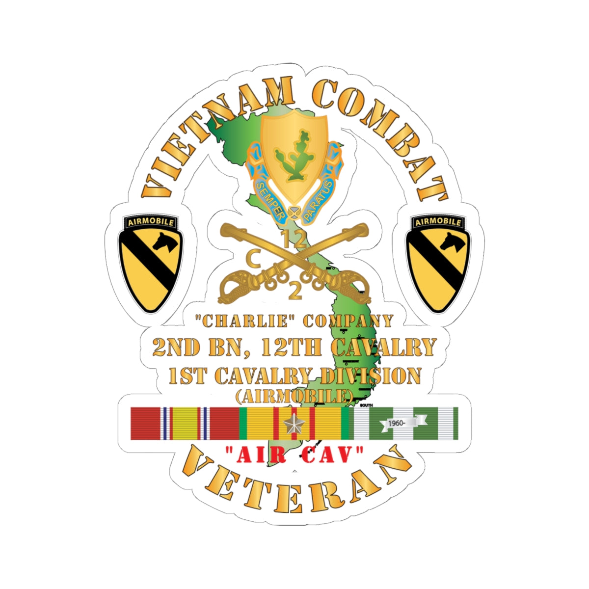 Kiss-Cut Stickers - Army - Vietnam Combat Cavalry Veteran w C Company 2nd Bn 12th Cav DUI - 1st Cav Div X 3000