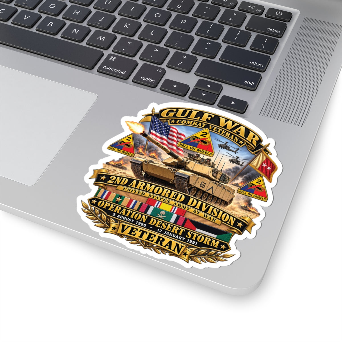 Kiss-Cut Stickers - Army - Desert Storm - 2nd Armored Div - Combat Vereran Veteran w GULF SVC - 3D - Enhanced