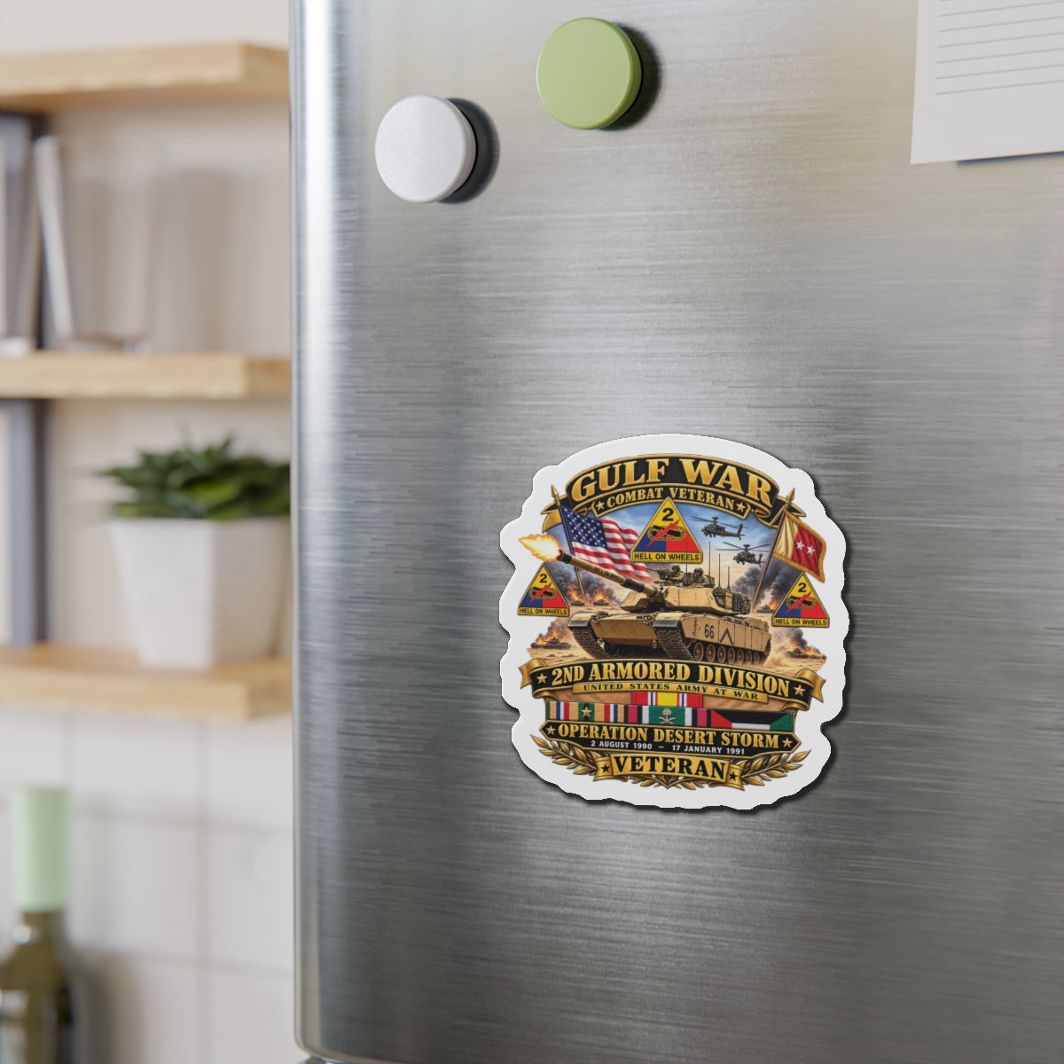 Die-Cut Magnets — Army - Desert Storm - 2nd Armored Div - Combat Vereran Veteran w GULF SVC - 3D - Enhanced