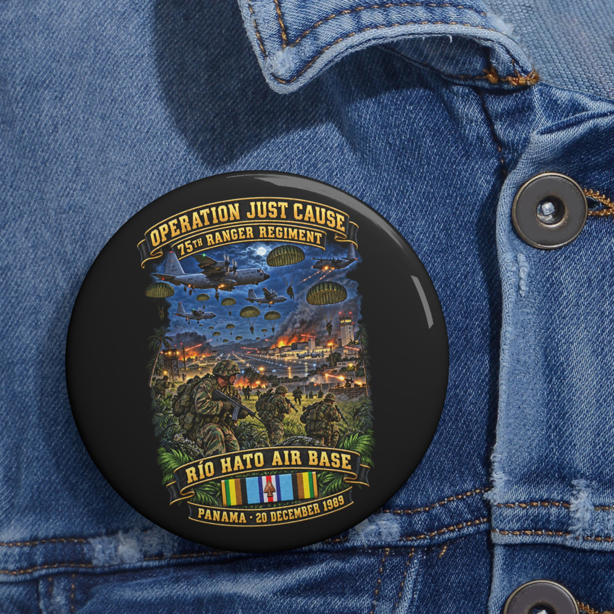 Custom Pin Buttons - SOF - Operation Just Cause  - Panama Invasion 1989 - 75th Ranger Rgt - Rio Hato Air Base - 3D - Enhanced