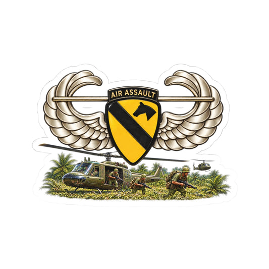 Kiss-Cut Stickers - 1st Cavalry Division w Air Assault Tab on Airborne Badge with Air Assault Scene - 3D - Transparent