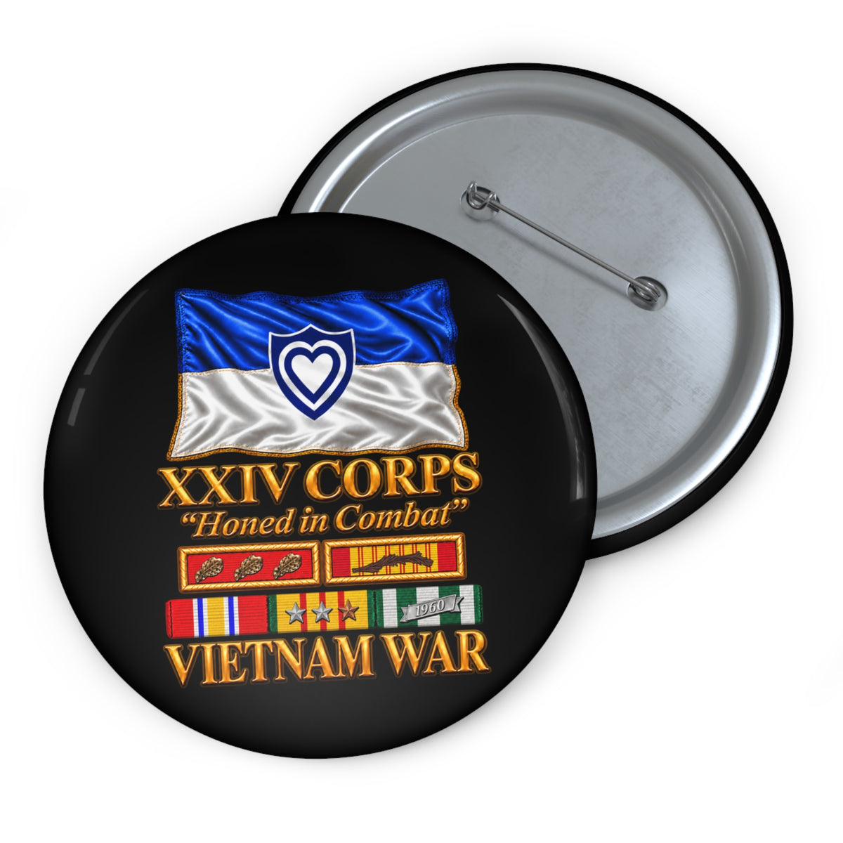 Custom Pin Buttons - Army - XXIV Corps Flag - Waving - Ribbons - Meritorious Awards - Vietnam War - 3D - Transparent