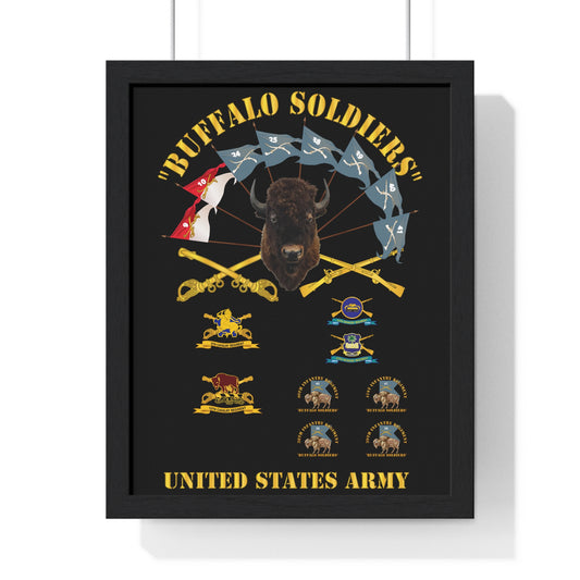 Vertical Framed Poster - Buffalo Soldiers Infantry Cavalry Guidons with Buffalo Head and Unit Crests US Army