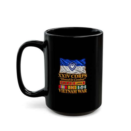 Black Mug  (15oz) - Army - XXIV Corps Flag - Waving - Ribbons - Meritorious Awards - Vietnam War - 3D - Transparent
