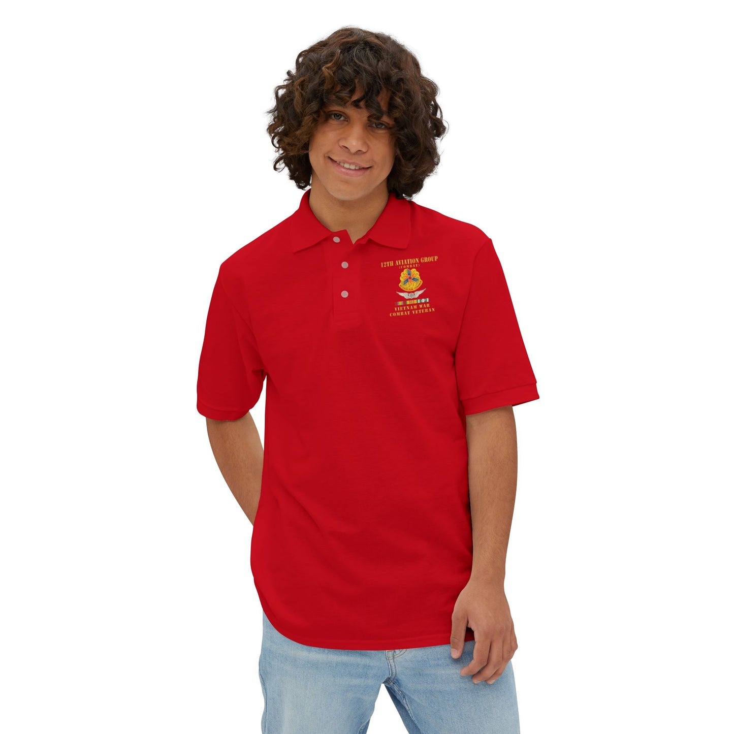 Men's Casual Piqué Polo - Army - 12th  AVN Group, Combat -  DUI - Aircrew, Vietnam War - Veteran VN SVC X 300
