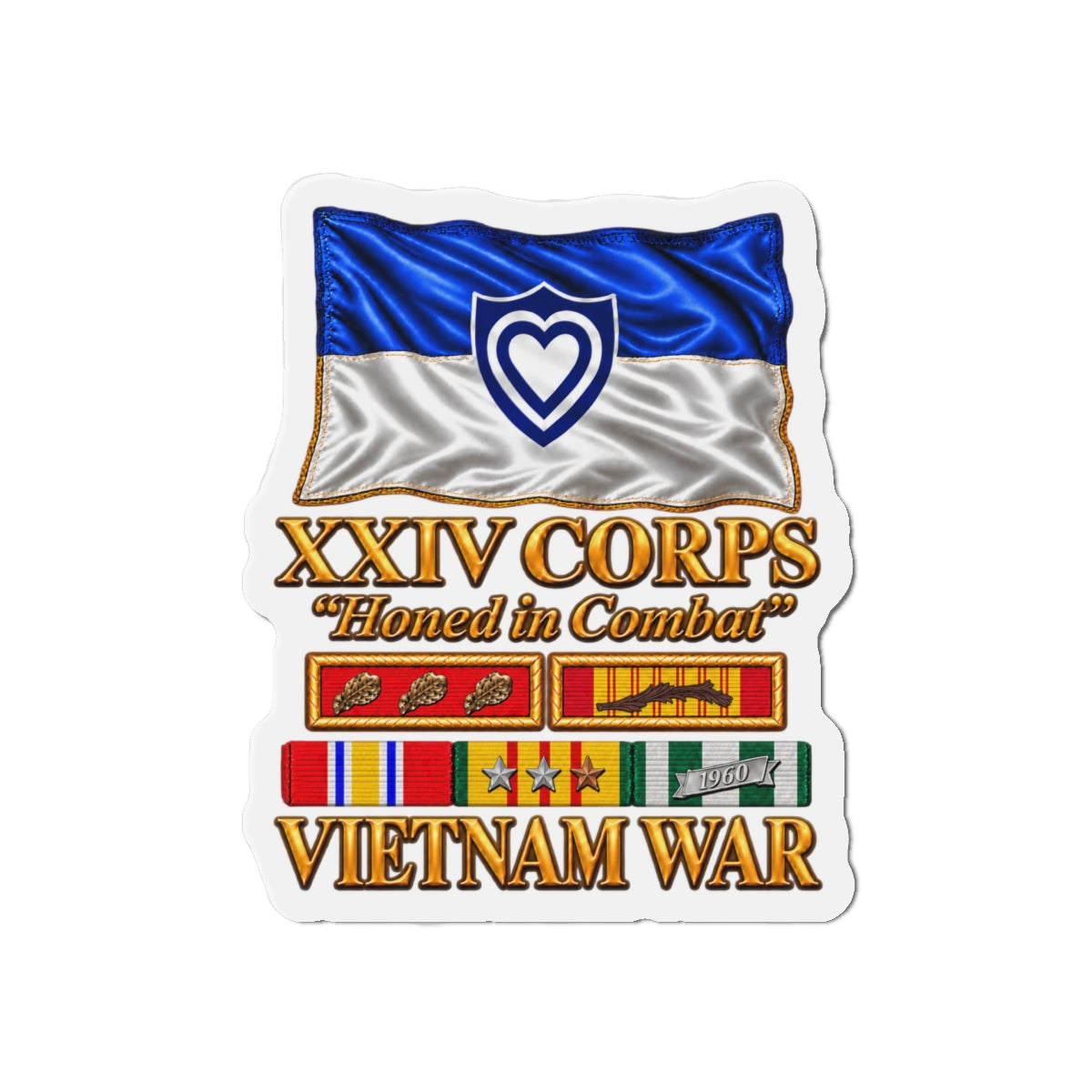 Die-Cut Magnets — Army - XXIV Corps Flag - Waving - Ribbons - Meritorious Awards - Vietnam War - 3D - Transparent