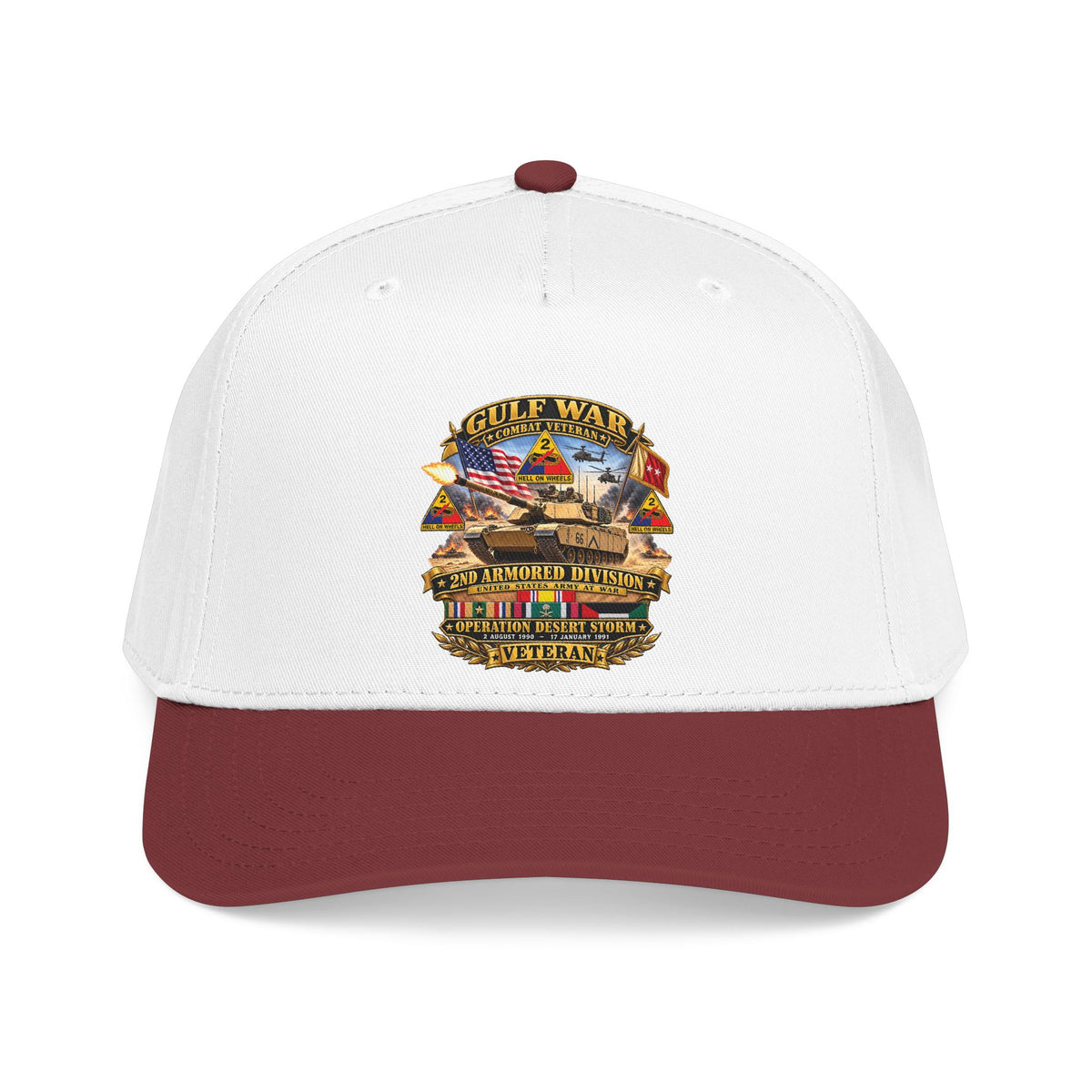 Mid Profile Baseball Cap - Army - Desert Storm - 2nd Armored Div - Combat Vereran Veteran w GULF SVC - 3D - Enhanced