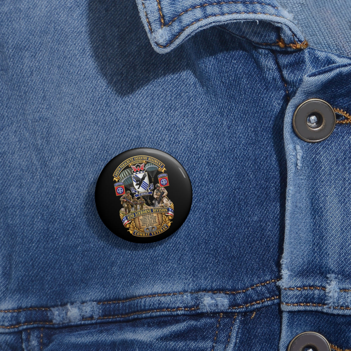 Custom Pin Buttons - Army - Combat Vet w 505th PIR - 82nd Airborne  w Campaigns - Soldiers - SSI - 3D - Enhanced