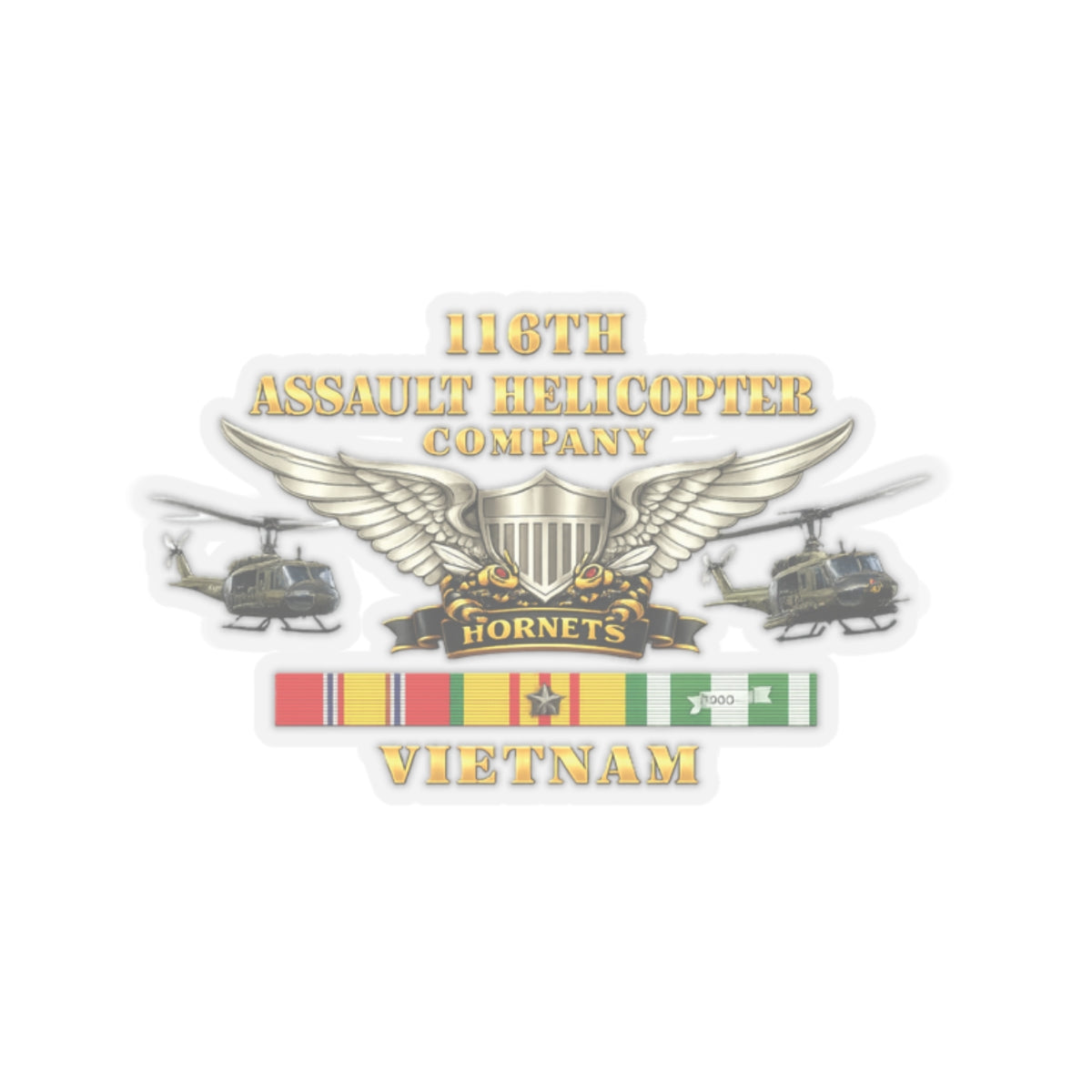 Kiss-Cut Stickers - Army - 116th Assault Helicopter Co w  Aviator Badge w VN SVC - HORNETS - Side X Side - 3D - Enhanced