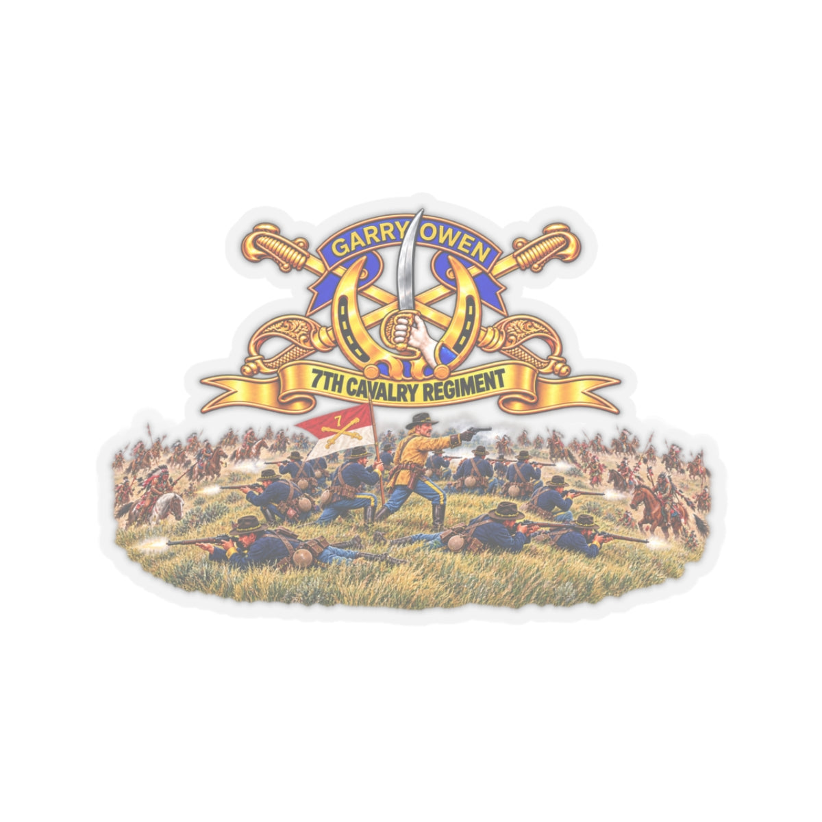 Kiss-Cut Stickers - 7th Cavalry Regiment - DUI, Br, Ribbon w  Battle of Little Big Horn Scene - 3D - Transparent