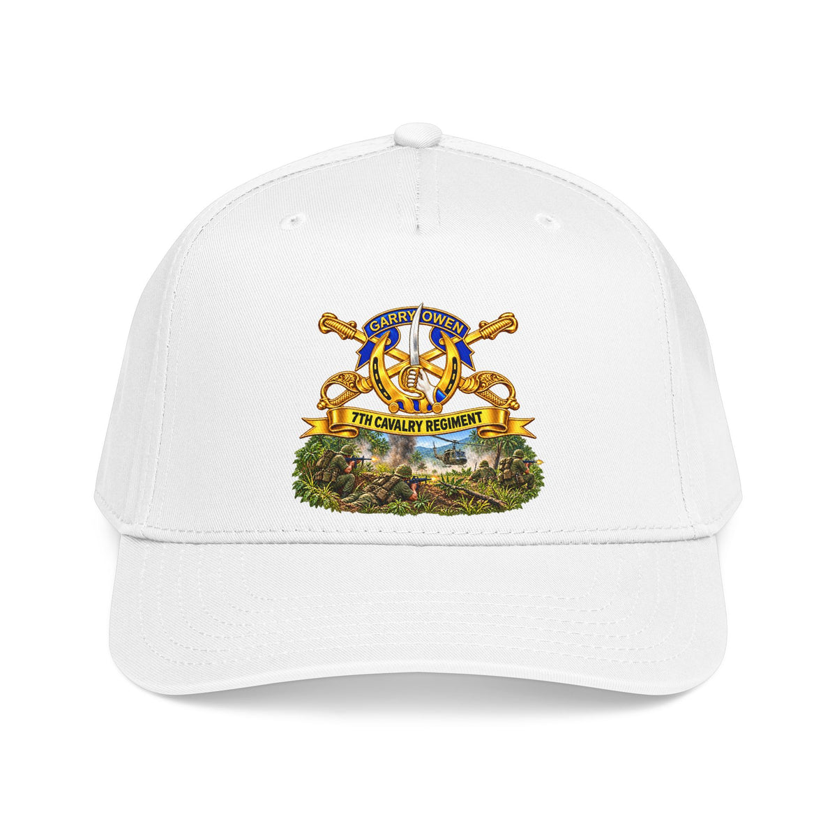 Mid Profile Baseball Cap — 7th Cavalry Regiment - DUI, Br, Ribbon w  Battle of Ia drang Valley Scene - Vietnam - 3D - Transparent