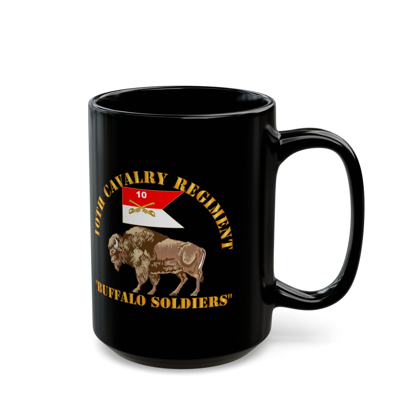 Black Mug 15oz - Army - 10th Cavalry Regiment - Buffalo Soldiers w 10th Cav Guidon