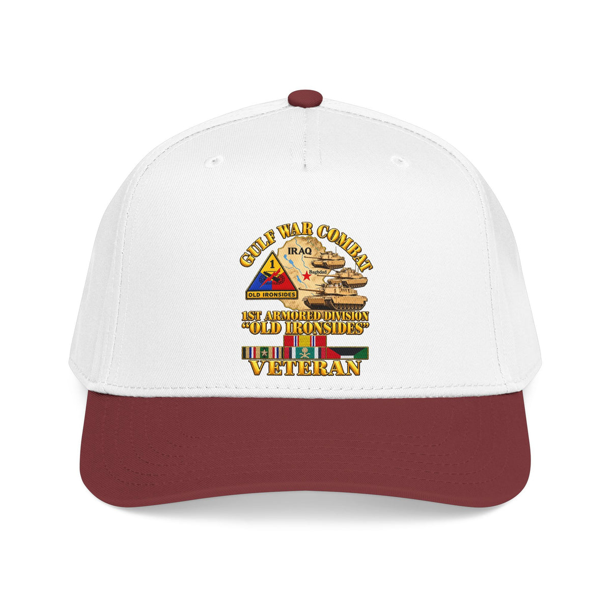 Mid Profile Baseball Cap - Army - Gulf War Combat - 1st Armored Divi - Old Ironsides - Veteran - Map w GULF SVC - 3D - Enhanced