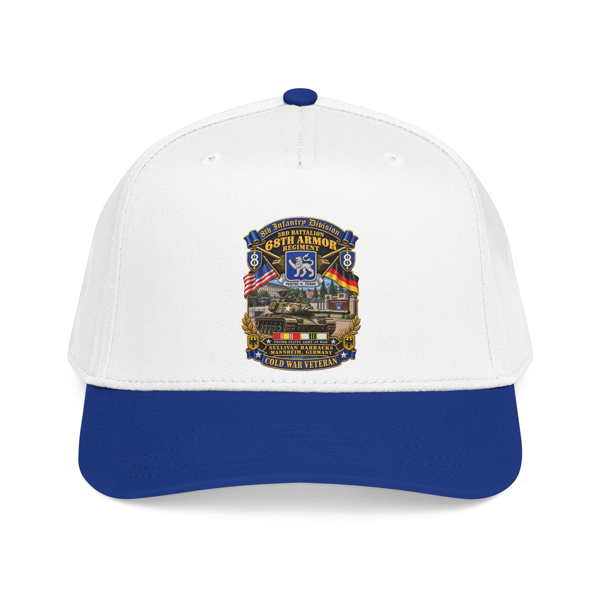 Mid Profile Baseball Cap - 8th Infantry Division Scroll - 3rd Bn 68th Armor Regiment - Sullivan Barracks, Mannheim, Germany - Cold War Vet w COLD SVC - 3D - Enhanced