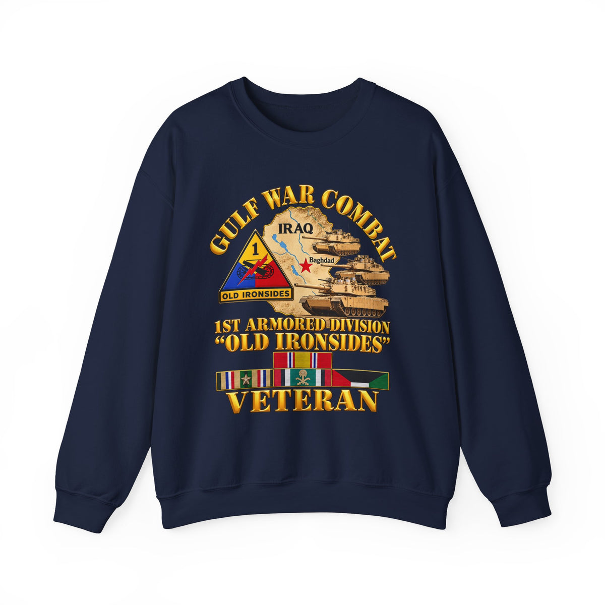 Crewneck Sweatshirt - Army - Gulf War Combat - 1st Armored Divi - Old Ironsides - Veteran - Map w GULF SVC - 3D - Enhanced