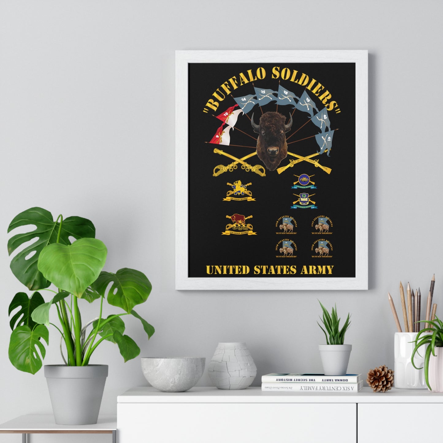 Vertical Framed Poster - Buffalo Soldiers Infantry Cavalry Guidons with Buffalo Head and Unit Crests US Army