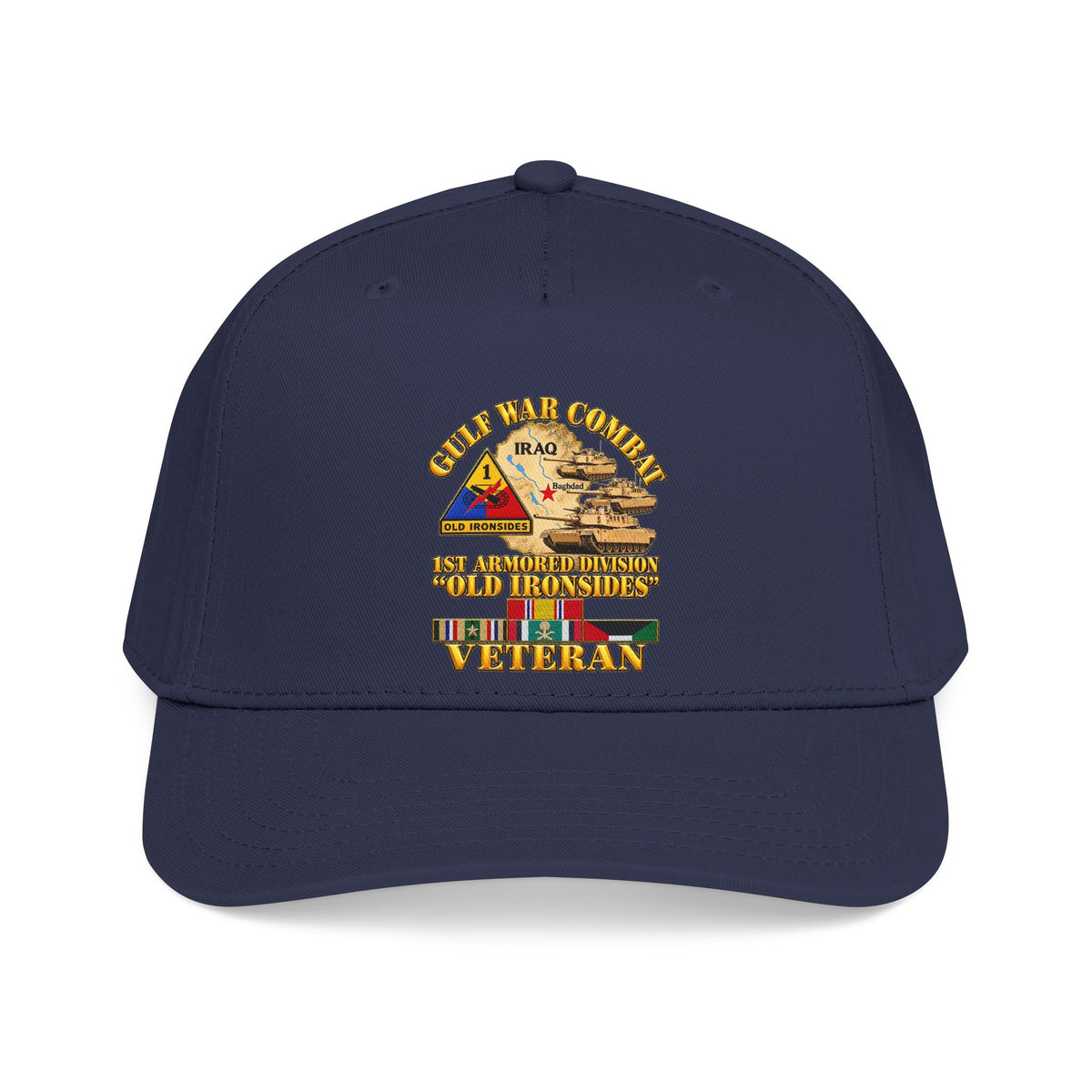 Mid Profile Baseball Cap - Army - Gulf War Combat - 1st Armored Divi - Old Ironsides - Veteran - Map w GULF SVC - 3D - Enhanced