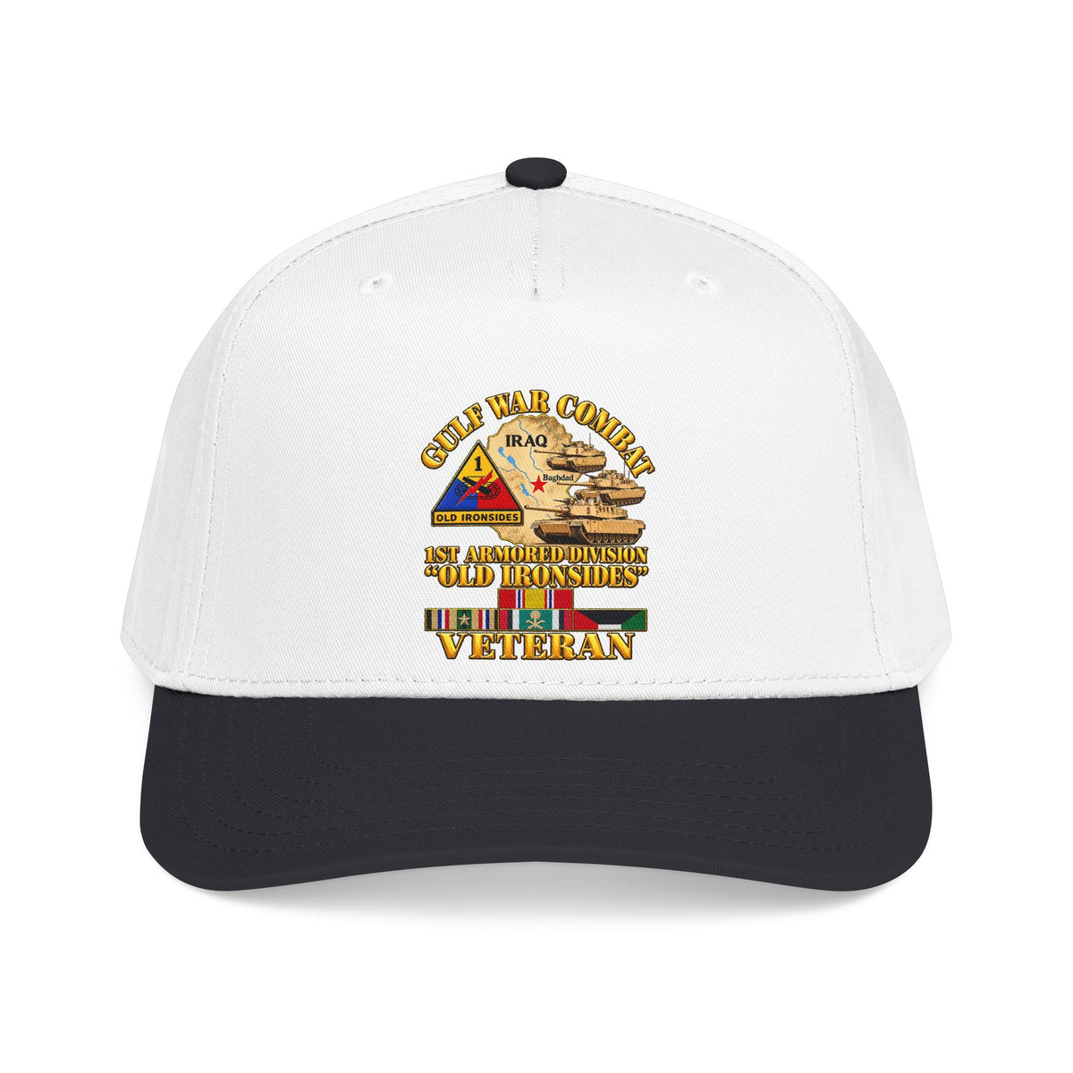 Mid Profile Baseball Cap - Army - Gulf War Combat - 1st Armored Divi - Old Ironsides - Veteran - Map w GULF SVC - 3D - Enhanced