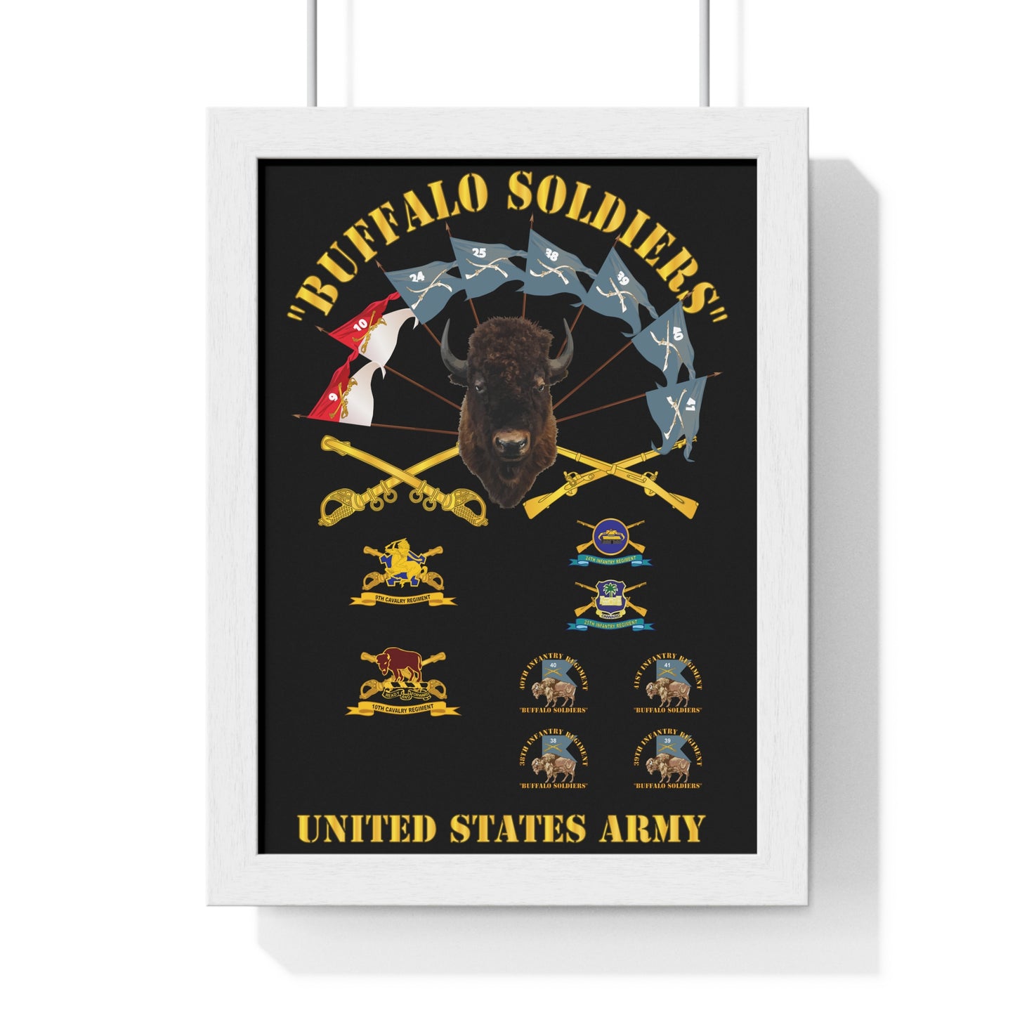 Vertical Framed Poster - Buffalo Soldiers Infantry Cavalry Guidons with Buffalo Head and Unit Crests US Army