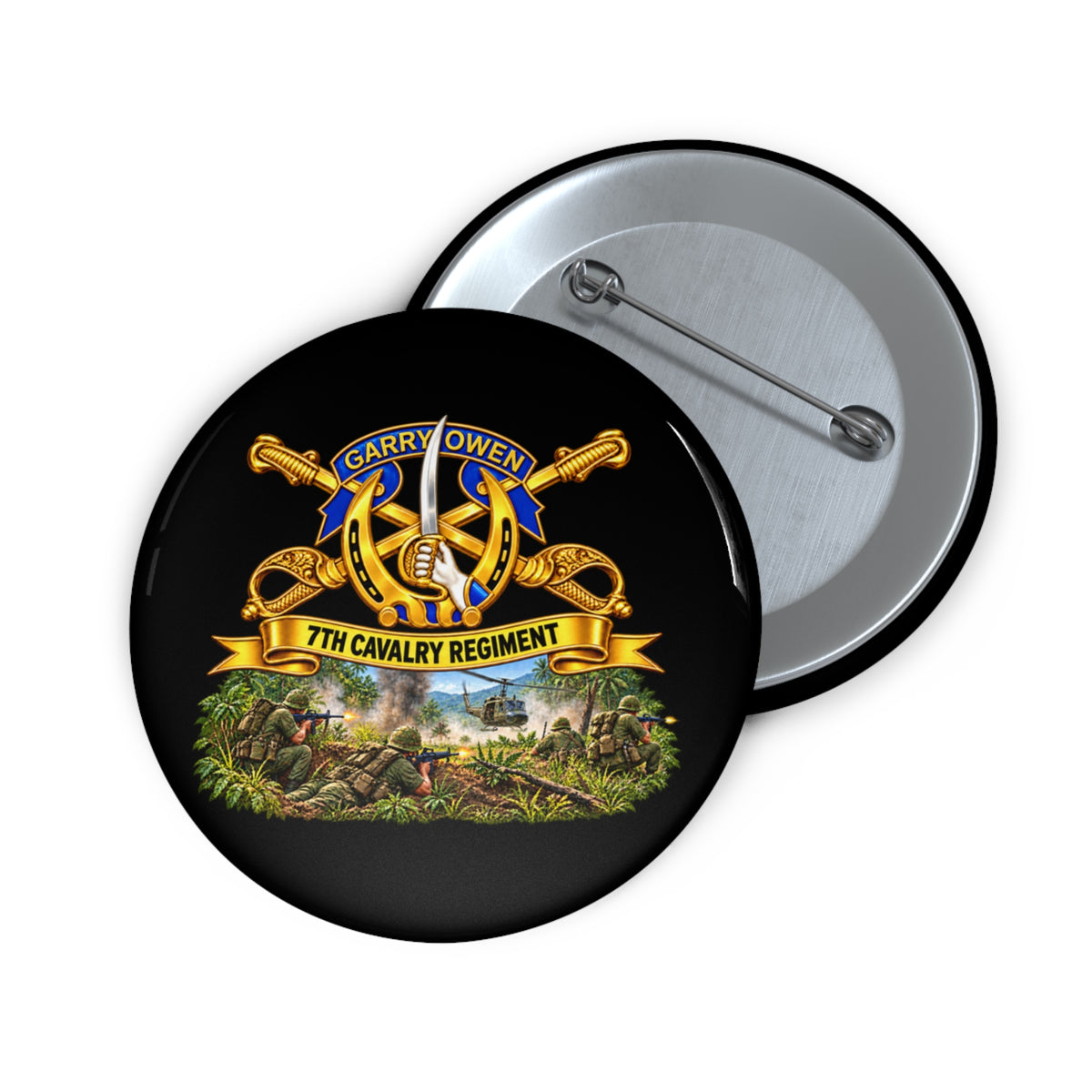 Custom Pin Buttons - 7th Cavalry Regiment - DUI, Br, Ribbon w  Battle of Ia drang Valley Scene - Vietnam - 3D - Transparent