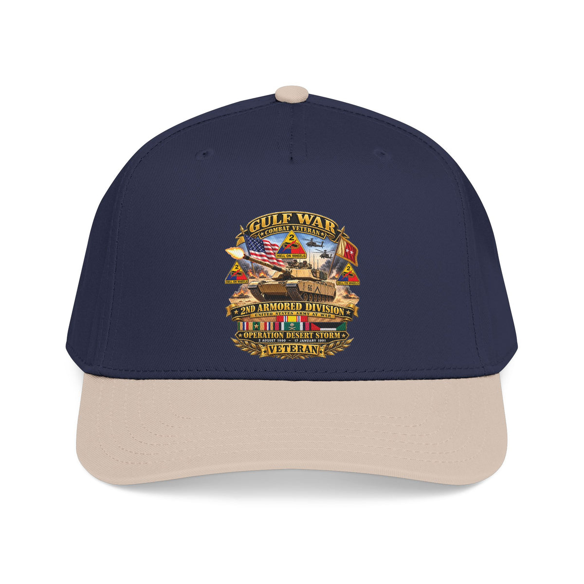 Mid Profile Baseball Cap - Army - Desert Storm - 2nd Armored Div - Combat Vereran Veteran w GULF SVC - 3D - Enhanced