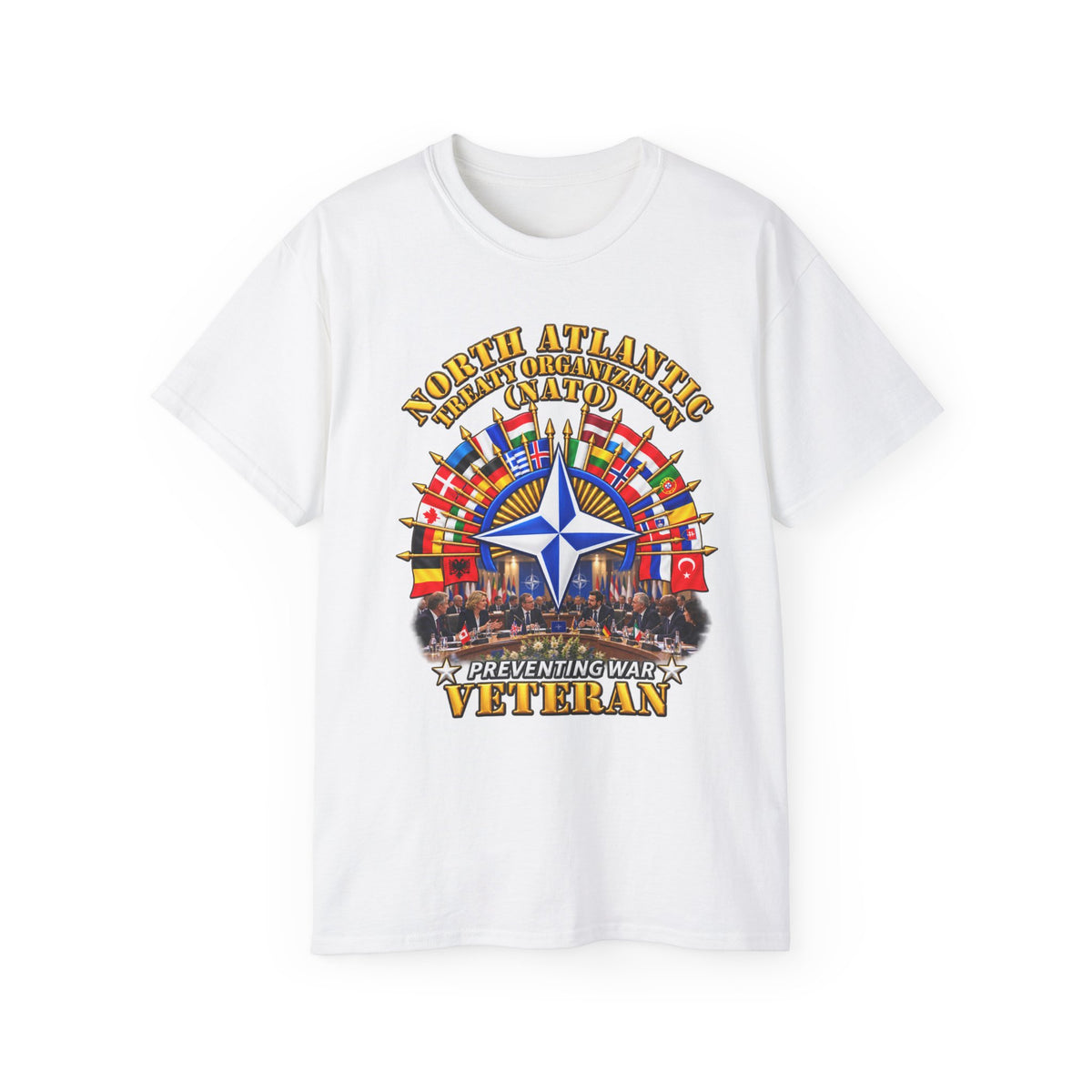 Unisex Ultra Cotton Tee - NATO - Polished NATO Veteran - with flags - Meeting Scene - 3D - Transparent