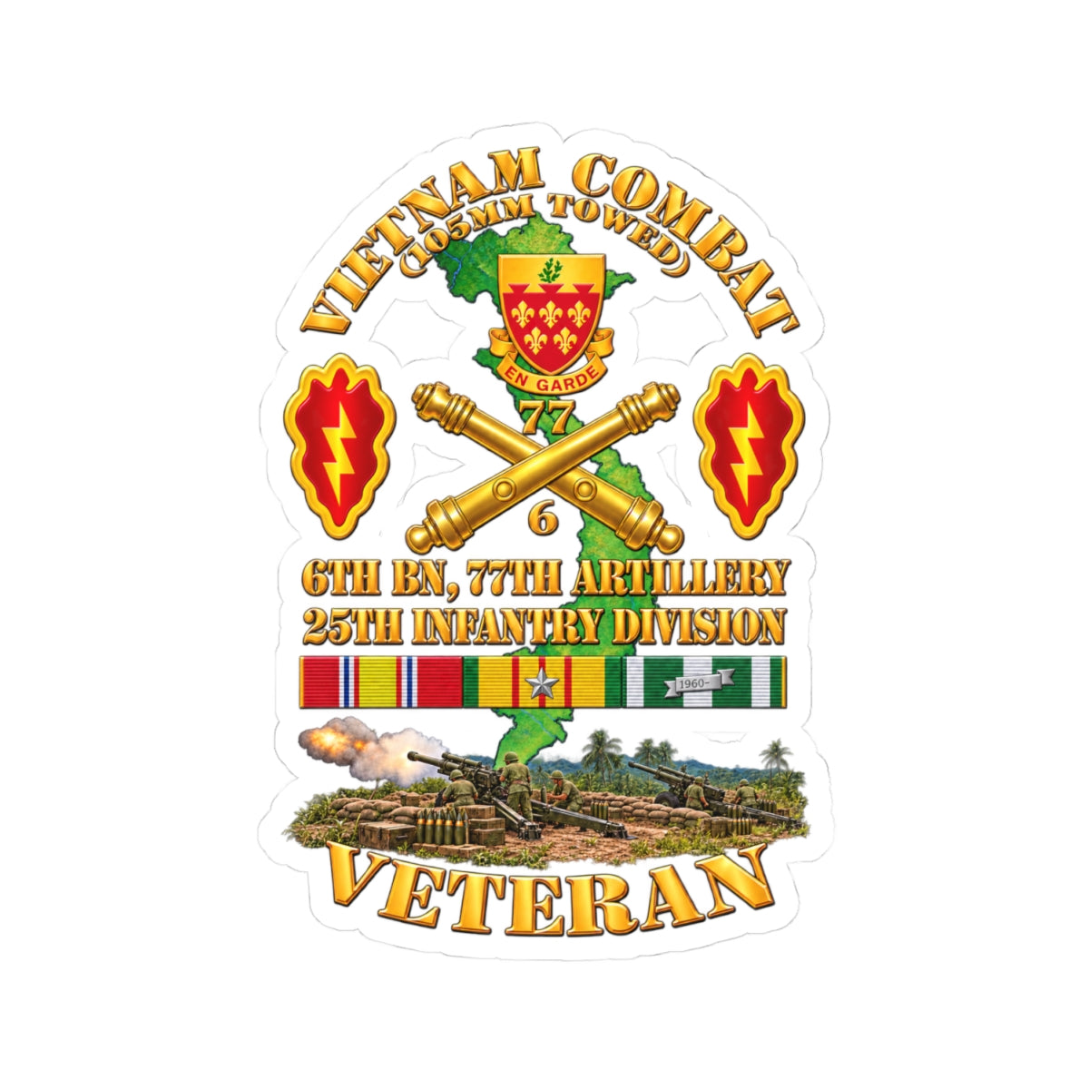 Kiss-Cut Stickers - Army - Vietnam Combat Veteran w 6th Bn 77th Artillery DUI -25th Infantry Div w Fire Mission Scene - 3D - Transparent