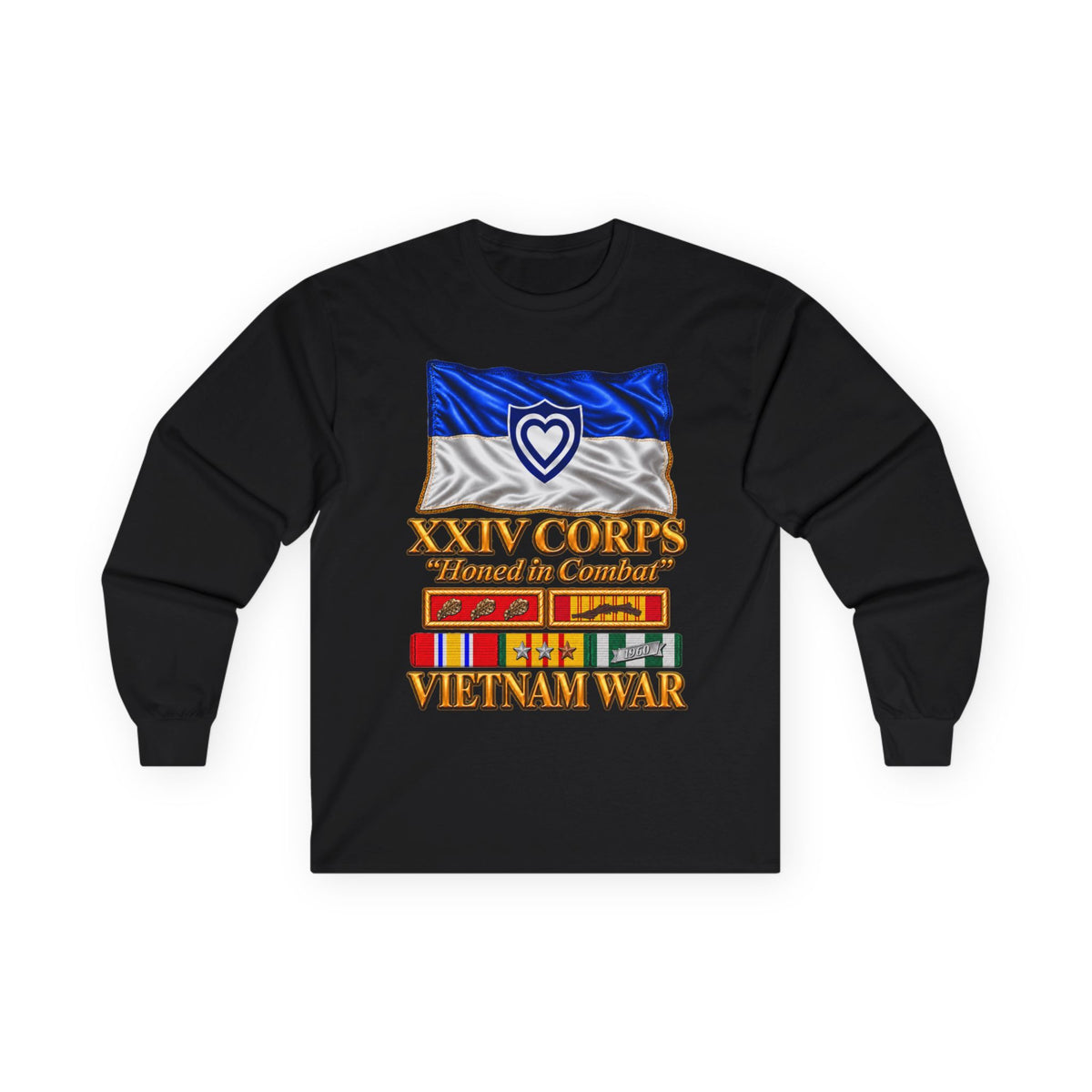 Unisex Ultra Cotton Long Sleeve Tee - Army - XXIV Corps Flag - Waving - Ribbons - Meritorious Awards - Vietnam War - 3D - Transparent