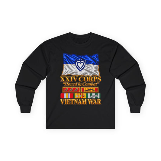 Unisex Ultra Cotton Long Sleeve Tee - Army - XXIV Corps Flag - Waving - Ribbons - Meritorious Awards - Vietnam War - 3D - Transparent