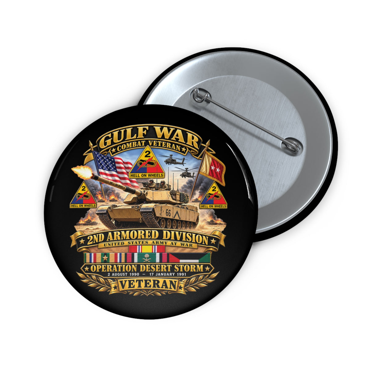 Custom Pin Buttons - Army - Desert Storm - 2nd Armored Div - Combat Vereran Veteran w GULF SVC - 3D - Enhanced