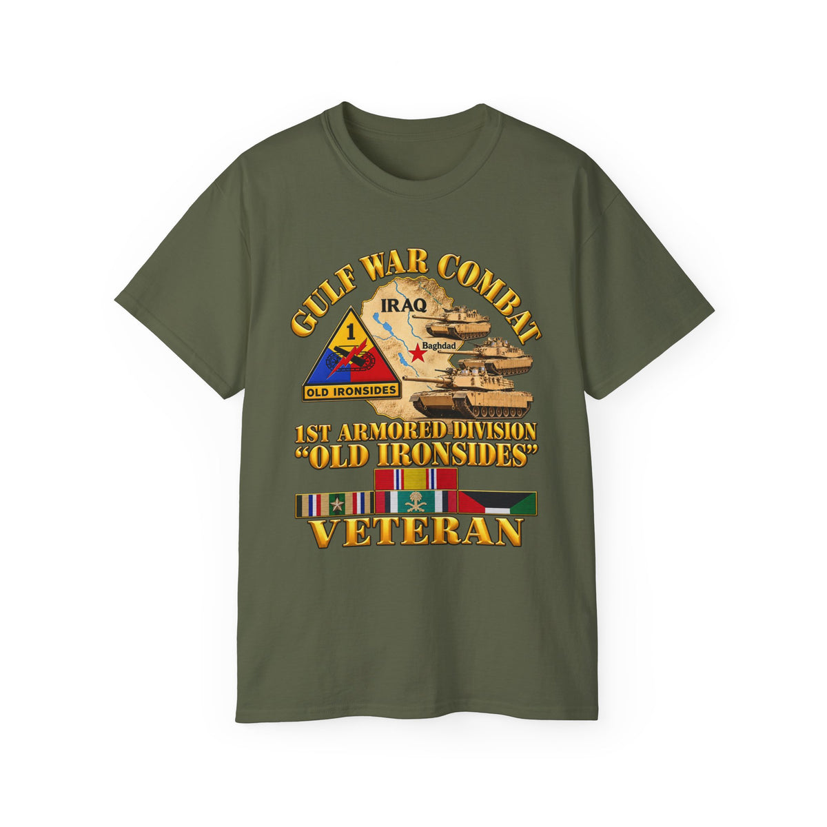 Unisex Ultra Cotton Tee - Army - Gulf War Combat - 1st Armored Divi - Old Ironsides - Veteran - Map w GULF SVC - 3D - Enhanced