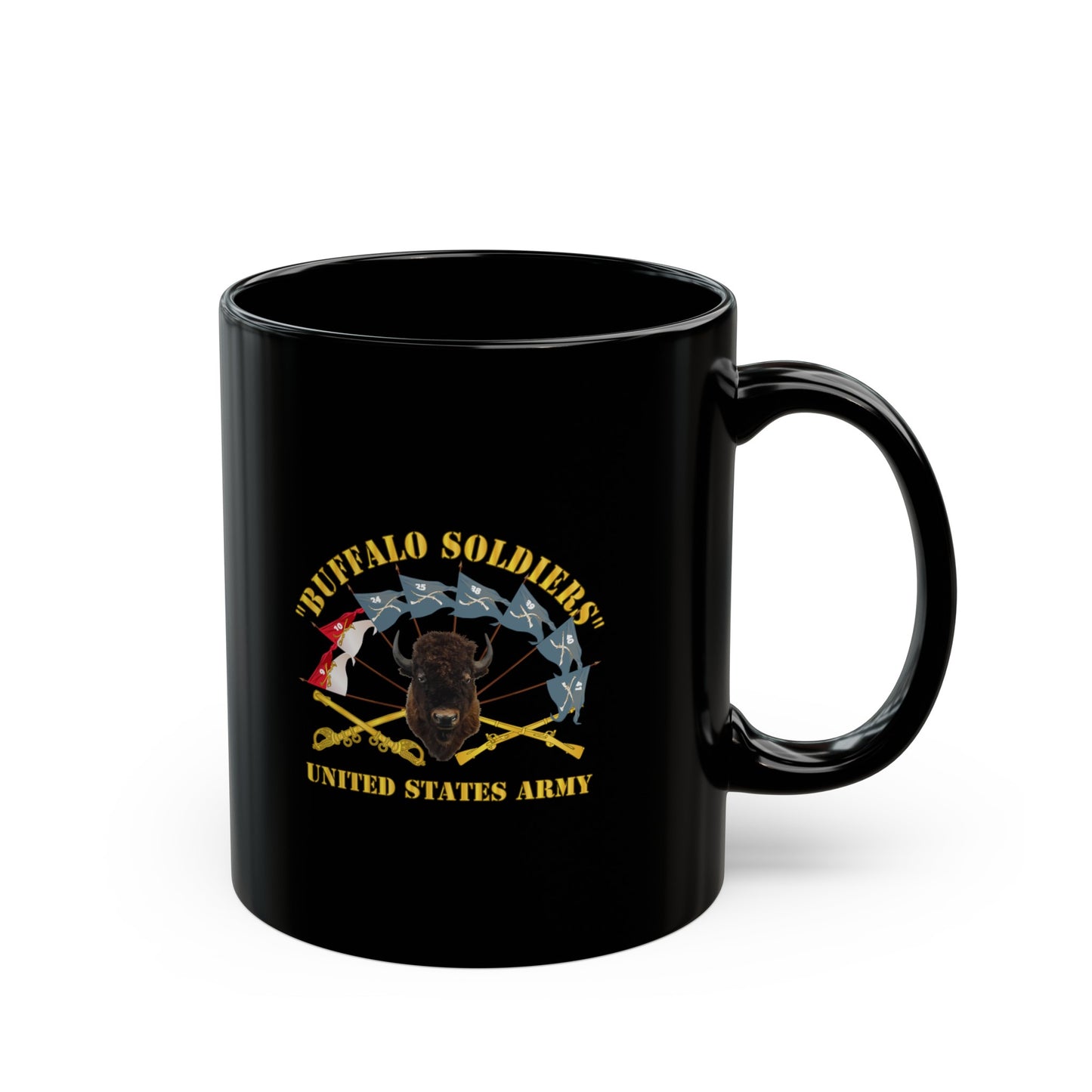 Black Mug 15oz - Army - Buffalo Soldiers - Infantry - Cavalry Guidons w Buffalo Head - US Army X 300