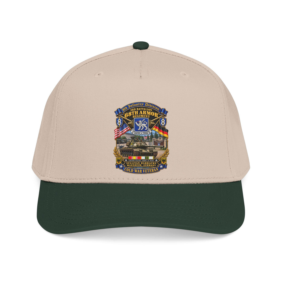 Mid Profile Baseball Cap - 8th Infantry Division Scroll - 3rd Bn 68th Armor Regiment - Sullivan Barracks, Mannheim, Germany - Cold War Vet w COLD SVC - 3D - Enhanced